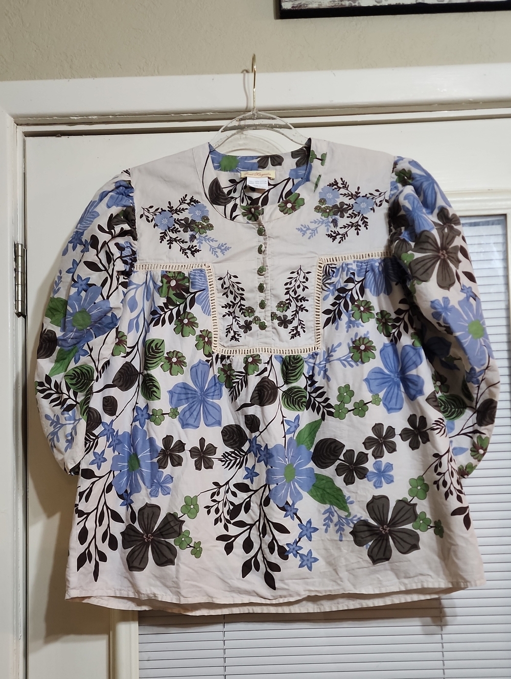 Floral Puff-Sleeve Peasant Blouse in Blue, Green & Brown